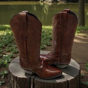 Vintage 1996 Dan Post Teju Lizard Cowboy Boots Brown Mens 6 Wide | W 7. 5-8 EUC!